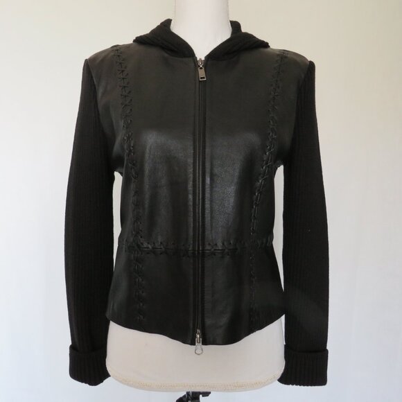 New Black Leather Ribbed Wool Cropped Zipper Hood Women’s Fashion Jacket size L - Picture 6 of 10